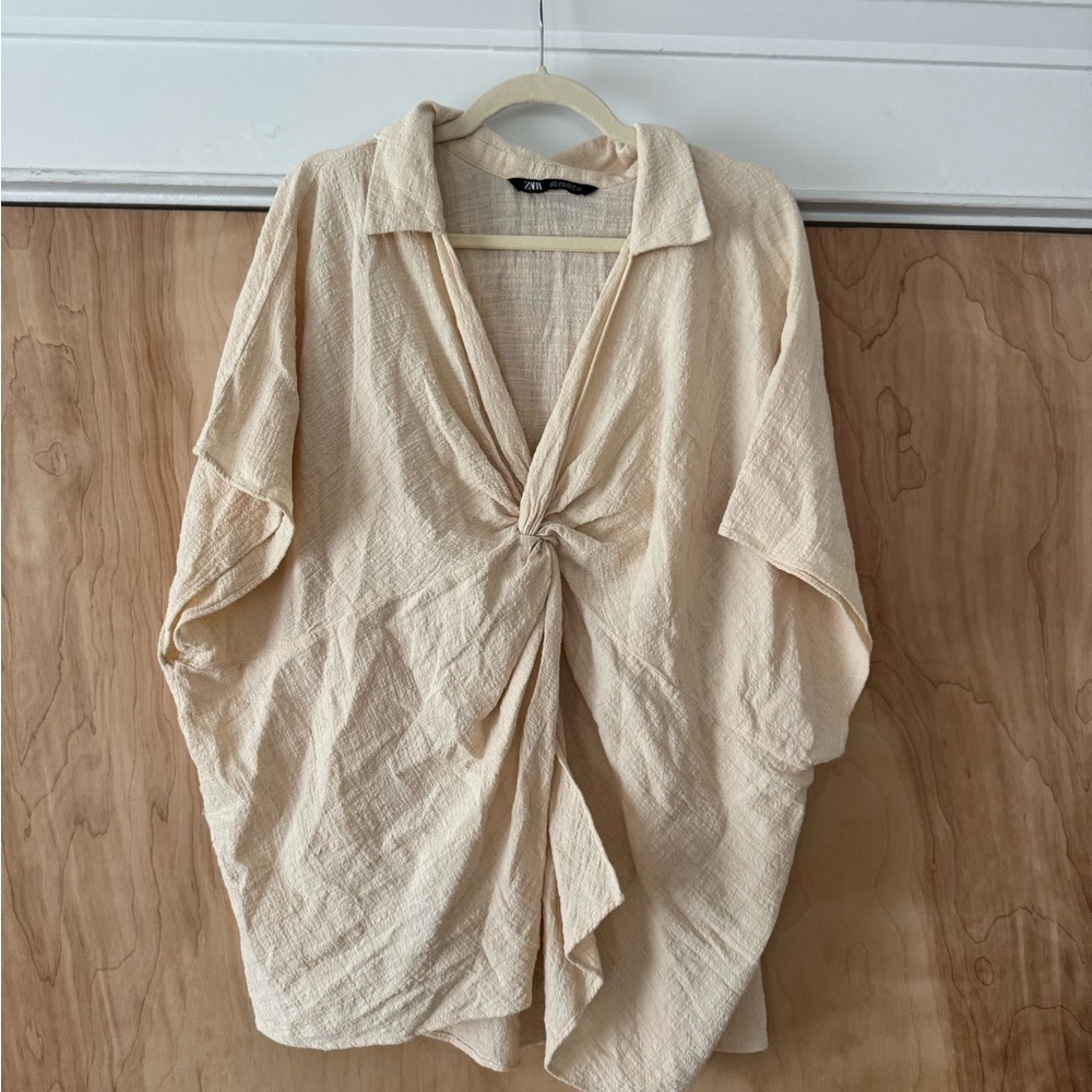 Zara Cream Blouse with Front Knot - Oversized- Size L